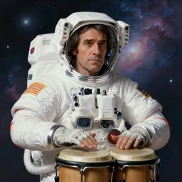 Jô Soares, wearing a astronaut suit, playing bongo, heavenly nebula clouds background, close-up shot, elegant, digital painting, cinematic, epic, trending on artstation, concept art, smooth, sharp focus, illustration, art by artgerm and Greg Rutkowski and Alphonse Mucha