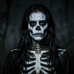 a frightening person with a skeleton painted on his skin, a painted skeleton man, an unsettling picture, a scene from a horror movie