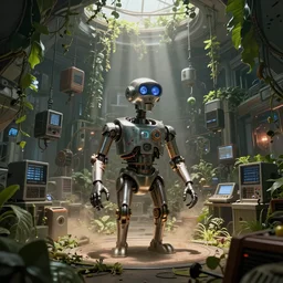 GLaDOS in the center of a huge hall overgrown with vines and plants of the complex, old computers, a suspension of dust in the air, rays of light through the ceiling, realism, art,