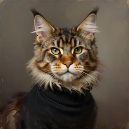 a oil painting portrait of maine coon wearing a turtleneck, highly detailed, digital painting, artstation, concept art, sharp focus, illustration, art by artgerm and greg rutkowski and alphonse mucha