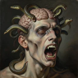 a painting of a screaming decapitated man's withered face with biting serpents swarming out of his exposed brain, a surrealist painting, polycount, surrealism, surrealist, macabre, grotesque