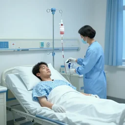 IV station with patient in hospital bed getting blood transfusion, digital art