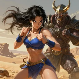 Black-haired Saiyan woman fistfighting Klingon man, desert wasteland, digital art