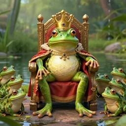 a photorealistic frog king sitting on a throne, surrounded by frog servants next on the side of the pond.