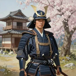 hyperrealistic painting of a highly detailed photorealistical samurai, in the background traditional Japanese hut, cherry blossom trees outside, Feng Shui Style, cinematic concept art, art station, award winning art, 8k, octane render, unreal engine 5