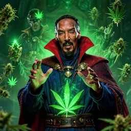 snoop dogg as doctor strange, multiple dimensions, green light, marijuana leaves, marijuana, highly detailed, environmental light, cinematic by francis tneh, magic, making a spell, sharp focus, hyperdetailed, artstation, cgsociety, 8 k