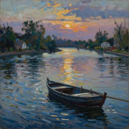 renaissance river with ripples, singular boat, dusk, split complementary palette, oil painting, by greg rutkowski