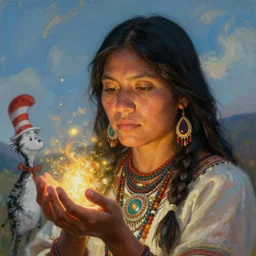 a beautiful closeup portrait of an indigenous female shaman receiving particles of healing light energy from the sky, matte painting, designed by dr seuss and michal karcz, by christophe vacher