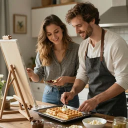 A couple baking waffles together, oil painting, romantic