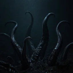 tentacles emerging from deep darkness, small flecks in water, 4 k creepy