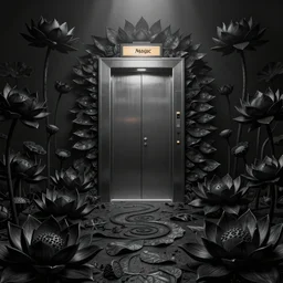a detailed matte painting of the elevator to hell surrounded by a field of black lotus flowers with petals in a fibonacci sequence, in the style of magic the gathering, highly detailed, digital painting, god rays, volumetric lighting, octane render, 4 k resolution, art by rembrandt and caravaggio