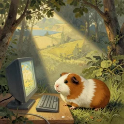 guinea pigs using computers in the style of Wanda Gág