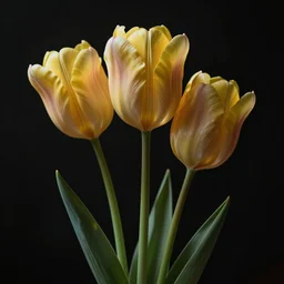 three beautiful tulip flowers from single stem, volumetric dramatic light, dark black background, sharp focus, highly realistic, octane render, art by greg rutsowski