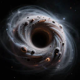 realistic photo of one black hole in space, organic, drawn symbols, volumetric, particles, physical, translucence, cinematic lighting, iridescence