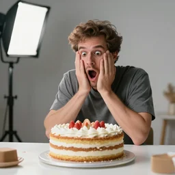 photo still of a man is horrified to find that he is made of cake, 8 k, studio lighting bright ambient lighting key light, 8 5 mm f 1. 8