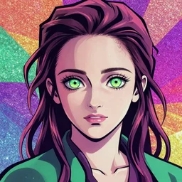 a Demon Slayer portrait of Emma Watson , tall, pale-skinned, and slender woman with lime green eyes and long eyelashes by Stanely Artgerm,Tom Bagshaw,arthur adams,Carne Griffiths,trending on DeviantArt,street art,face enhance,chillwave,maximalist,full of color,glittering