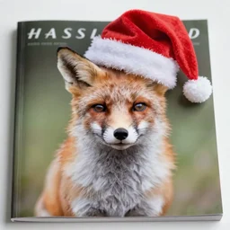 award winning portrait of a fox animal with a red santa claus hat, tank-top, on the cover of a magazine, Hasselblad photograph, soft focus, f1.2, soft focus