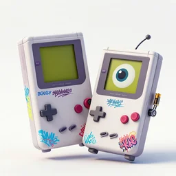 both in the form of a game boy, hyper detailed colourful graffiti on surface, smooth scratched panelling, intricate detail, holding a battery, single eye, cute, intricate arms, antenna, floating, white studio, cute mechanical toy, game boy advanced, ambient light, in the style of pixar animation poster, pokedstudios, blender, octane render, 8 k,