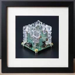 product photography framing. render of a small square fantasy vacuum - tube motherboard made and powered by crystalline circuitry. trending on artstation. premium print by angus mckie