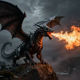 a black dragon blowing a stream of fire out of its mouth by greg rutkowski