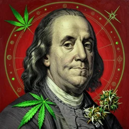 hyper realistic portrait painting of benjamin franklin ( intricate detail, hot neon green ornaments, marijuana leaves ) wet, marijuana buds, by saturno butto, boris vallejo, austin osman spare and david kassan, by bussiere. occult art, occult diagram, red and green color scheme.