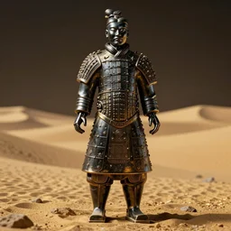 an intricate photography portrait of a enigmatic terracota warrior soldier made of obsidian carving metal in a golden desert, extremely detailed, ornate, biomechanical, by wlop by jungyeonmin, james jean jhonseru jsezz, greg rutkowski, lens orbs, global illumination, japandi, hyperreal, micro details
