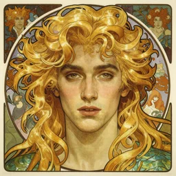 realistic detailed face portrait of merman blond androgynous prince Lucius, long fluffy curly blond hair, by Alphonse Mucha, Ayami Kojima, Amano, Charlie Bowater, Karol Bak, Greg Hildebrandt, Jean Delville, and Mark Brooks, Art Nouveau, Neo-Gothic, gothic, rich deep colors