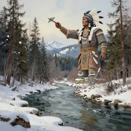 a river surrounded by a snowy forest landscape with a gigantic statue of a native - american warrior in the foreground. featured on artstation. landscape painting. digital art.