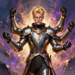 blond knight wearing glasses and four arms, fantasy, digital painting, dramatic lighting, vibrant setting, realistic shading, unreal engine 5, concept art, ultra detailed, trending artstation