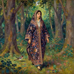 a robe clad woman is seen walking through a forest, a bird is following, they are being watched, detailed painting in the style of Persian artist Mahmoud Farshchian