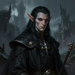 a highly detailed color illustration portrait of a grim warpriest elf with long black hair, dark moody eerie castle setting, d & d portrait, planescape, dark fantasy art, hires, digital art, sharp focus, art by tim hildebrandt and frank frazetta and gerald brom and greg rutkowski