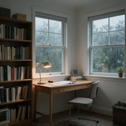 a peaceful room with a desk and bookshelves, calm and serene, with rain visible through the windows of the room.