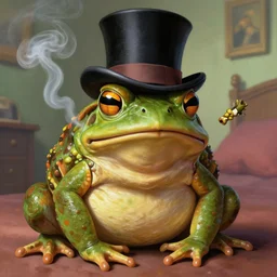 close portrait of a toad with a top hat, smoking weed, vaporwave, bedroom, highly detailed, digital painting, artstation, concept art, smooth, sharp focus, illustration, art by artgerm and greg rutkowski and alphonse mucha