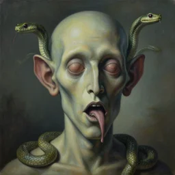 a painting of dreapool with snakes coming out of his ears eyes nose and mouth, a surrealist painting, polycount, behance, surrealism, surrealist, lovecraftian, cosmic horror, grotesque