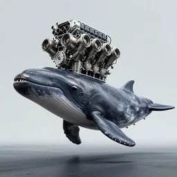 digital art of cachalot with the large rectangular head and narrow jaw with eight - cylinder pistons from v 8 engine sticking out of his head, mix of engine and cachalot head, full - body, side view, wide angle, cyberpunk