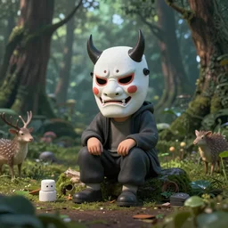A marshmallow man wearing Japan demon mask sitting sad in the forest alone surrounded by animals, enchanted forest, hyperrealistic, detailed, depth of field, High definition, 8k, depth of field, octane render, artstation