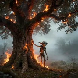 gollum next to an oak tree aflame, still, fog in background, dantes inferno, evil album cover