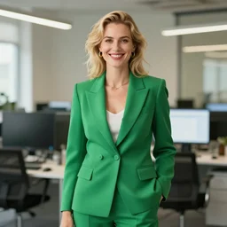 portrait of female blond happy, smiling computer scientist in a flattering stylish green suit. 8 k. art nouveau.