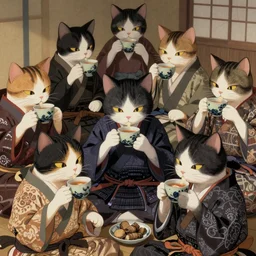 many cat samurai are drinking teai, highly detailed, digital painting, artstation, japanese ukiyo style,, movie still, smooth, sharp focus uhd 8 k