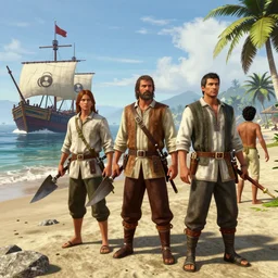 highly detailed spanish conquerors in 1 4 9 0 - on its side in gta v, ispanish ships on the shore of the beach, ecuadorian amazon, stephen bliss, unreal engine, fantasy art by greg rutkowski, loish, rhads, ferdinand knab, makoto shinkai and lois van baarle, ilya kuvshinov, rossdraws, tom bagshaw, global illumination, detailed and intricate environment w 7 6 8