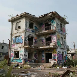 abandoned cyberpunk dystopian dollhouse covered in graffiti, spectacular quality, surrealism photography masterpiece, perfect composition