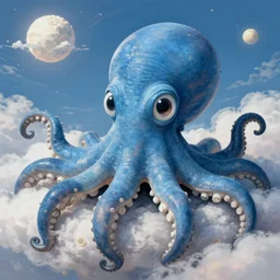 friendly blue octopus in heaven. big eyes. detailed. deep. masterpiece. rene magritte