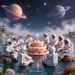 twelve cosmonauts sitting by the river with a big holiday cake + octane render + ue 5 + planets and stars + mystical fog + psychedelic colors + super detail, high quality