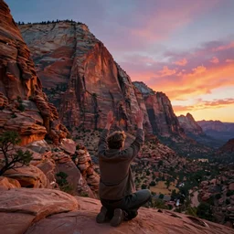 highly detailed concept art of award winning cinematic still of man praying with hands up in zion national park, rock formations, colorful sunset, epic, cinematic lighting, dramatic angle, heartwarming drama directed by Steven Spielberg, t, wallpaper