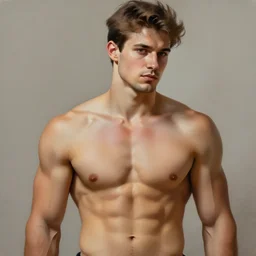 a beautiful painting of a  barechested man, muscular build, trending on artstation