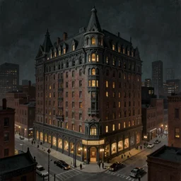 action scene painting of a 1 9 2 0 s gothic style hotel in downtown boston, overlooking a dark street, by artgem, architectural, atmospheric lighting, brooding, painted, intricate, ultra detailed, well composed, clean, best on artstation, cgsociety, epic, horror, stunning, gorgeous, intricate detail, much wow, masterpiece, cinematic aesthetic octane render, 8 k hd resolution,