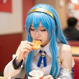 portrait photo still of real life lucina! ( fire emblem ) eating in a kfc!!, 8 k, 8 5 mm f 1. 8, with blue hair, wearing a golden hairband