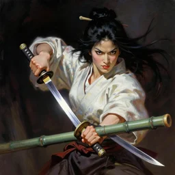 a fierce woman samurai slicing a bamboo pole in half with a katana, by Frank Frazetta