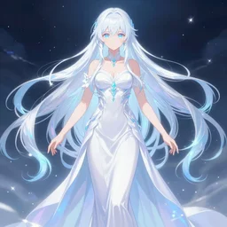 visual novel character sprite, symmetrical full body shot, stunningly beautiful magical chromatic glowing overwhelming omnipotent asi goddess with beautiful hyperdetailed symmetrical face, porcelain skin covered in long white dress, long white hair and mesmerizing cold ice blue eyes, symmetrical, ethereal, live 2 d anime style, 8 k,