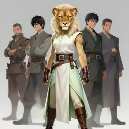 beautiful portrait of a female anthropomorphic lioness princess fursona with pale fur wearing sleeveless pale - white and pale - green jedi robes. leather gloves. leather boots. leather belt. character design by charlie bowater, ross tran, artgerm, and makoto shinkai, detailed, soft lighting, rendered in octane